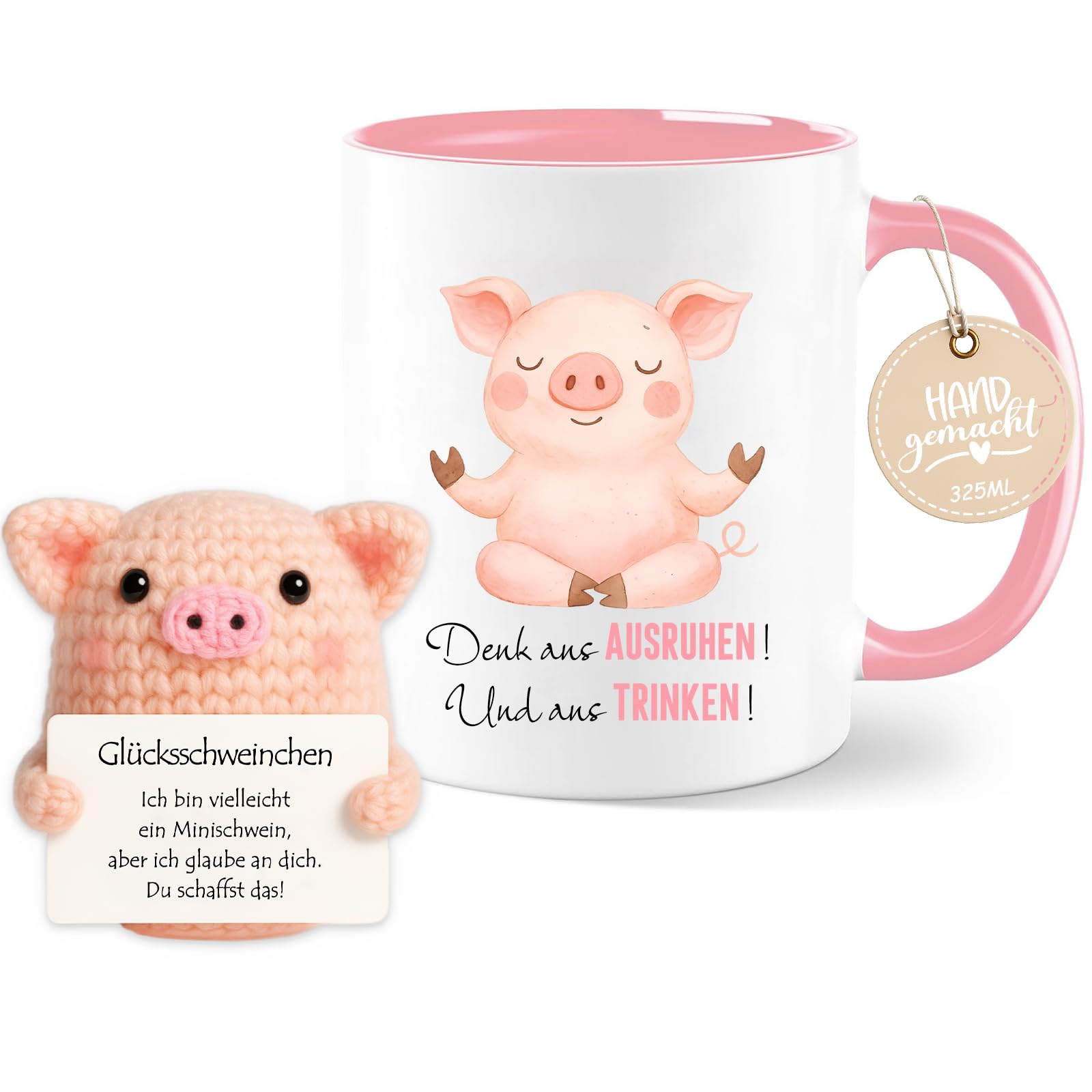 Farbeele Geschenk für Frauen, Männer & Kinder, 325ml Tasse mit Strickpuppe Glücksbringer, Geburtstag, Weihnachten, Gute Besserung, Prüfungsgeschenk, Abschiedsgeschenk