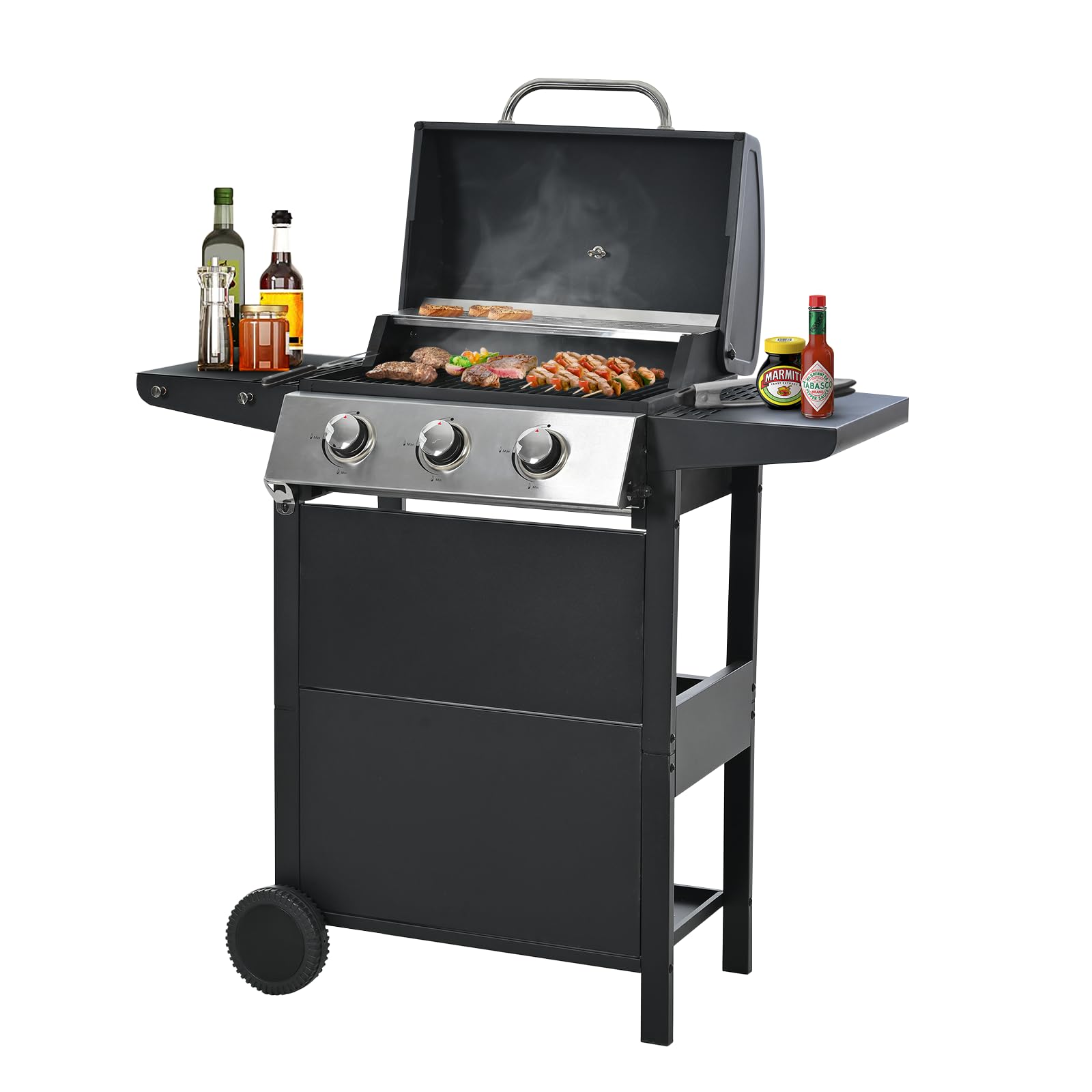 3 Burner Outdoor Gas Gril, Propane Gas Grill, Stainless Steel 30,000 BTU,Built-in Storage Cabinet and Side Shelves, Suitable for Garden Terraces