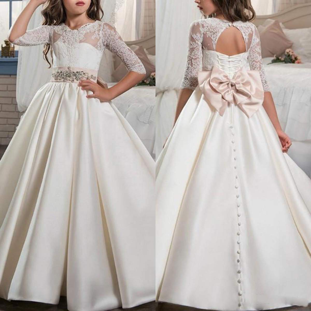 Vestido blanco de flores para niña con lazo de satén de encaje en la espalda y manga media, vestidos de comunión
