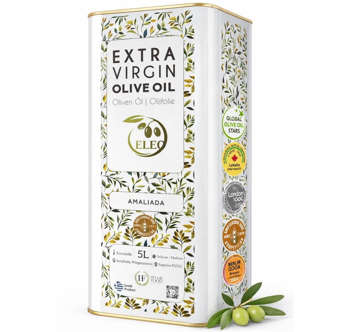 ELEO Amaliada - Extra Natives Olivenöl - 5 liter - 100% Griechische Koroneiki-Oliven - Hervorragende Qualität - Erste Kaltpressung - Reich an Antioxidantien - Internationaler Medaillengewinner