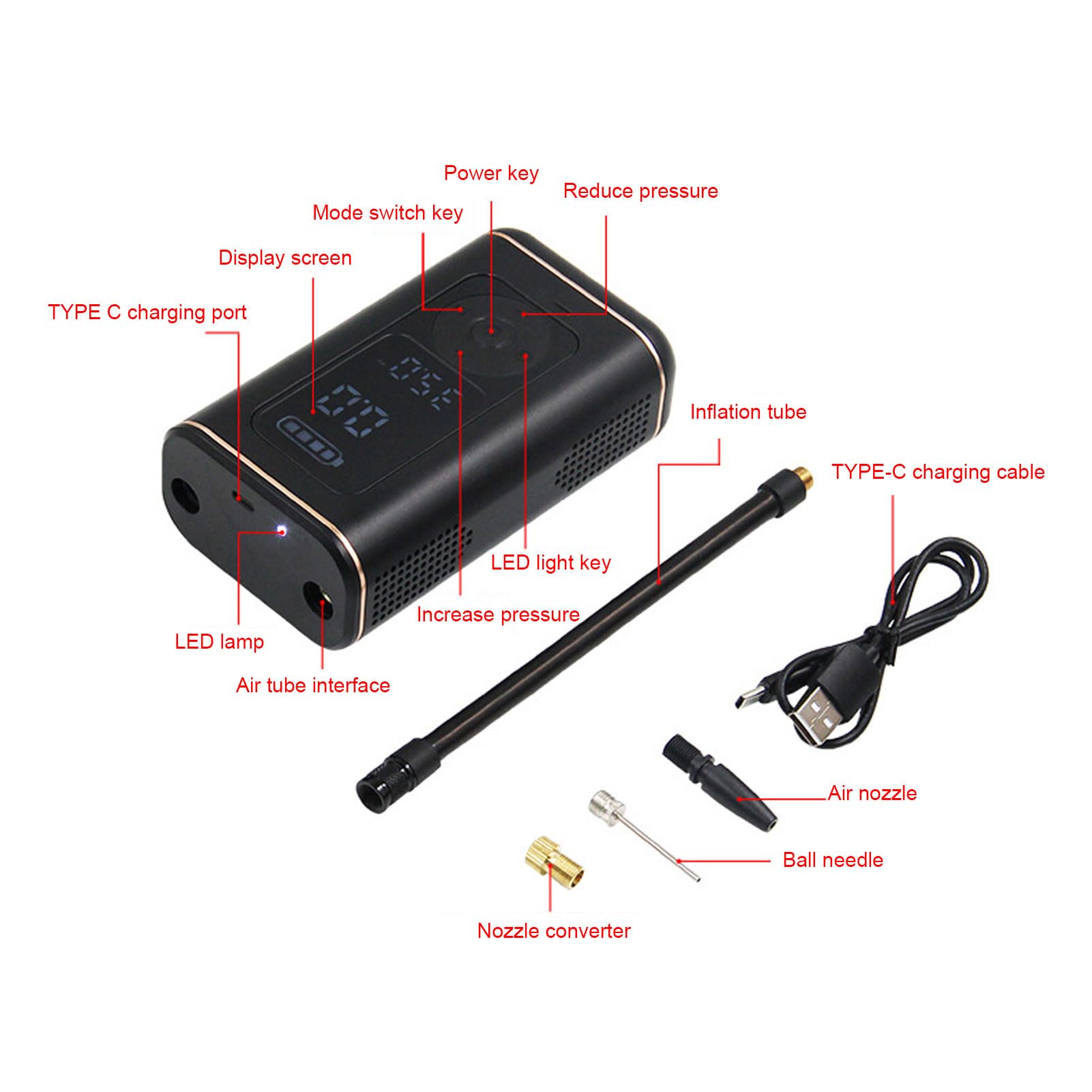Pongnas Inflador de Neumáticos Inalámbrico con Batería de 2000 MAh, Bomba Eléctrica Portátil con Apagado Automático para Neumáticos de Automóvil, Cámaras de Bicicleta y Pelotas Deportivas, Compacto