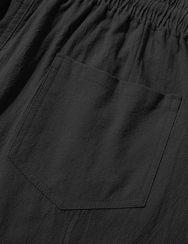 Men's Cotton Linen Shorts 9 inch Drawstring Casual Elastic Waist Mens Summer Beach Vacation Shorts Big and Tall with Pockets Black 4XL