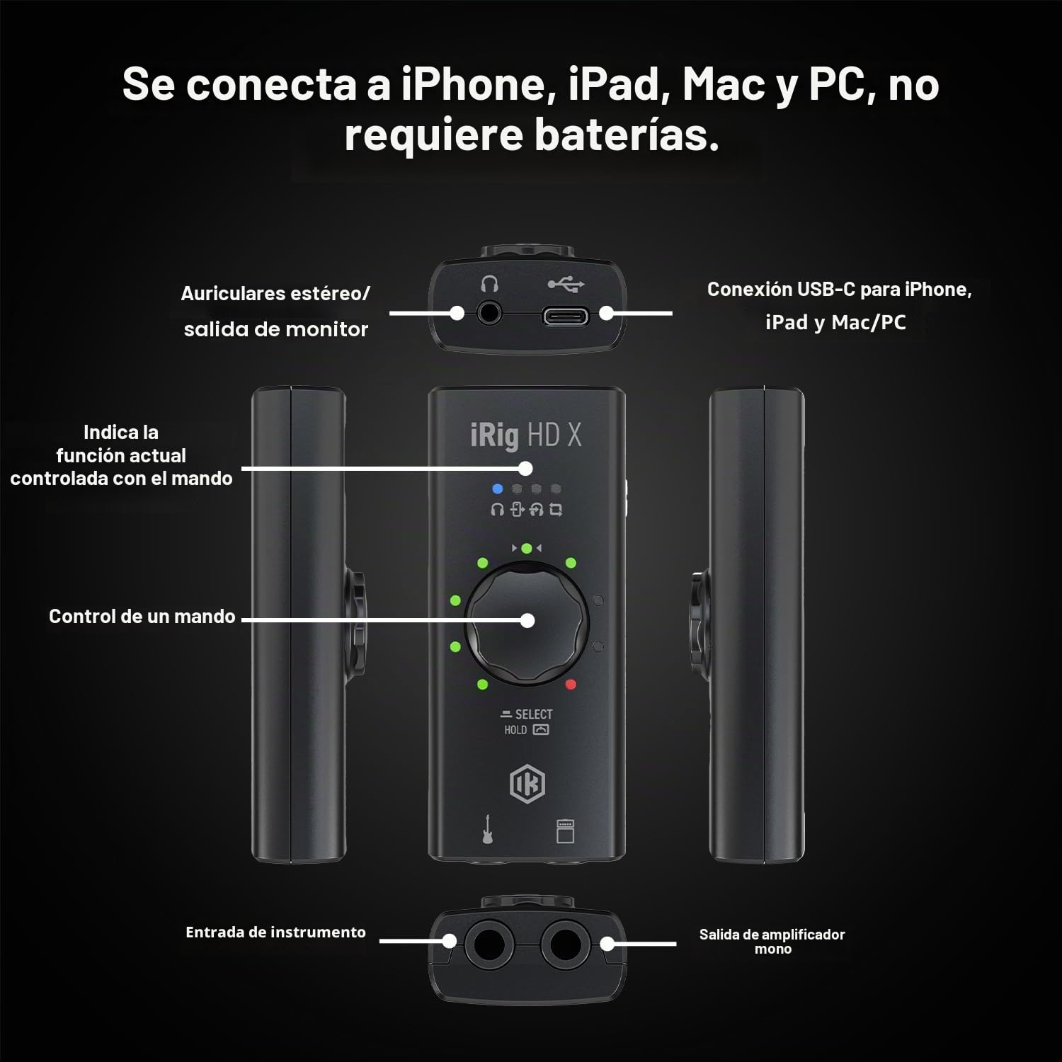 iRig HD X interfaz de audio de guitarra para iPhone, iPad, Mac, iOS y PC con USB-C, Lightning y cables USB y grabación de música de 24 bits, 96 kHz