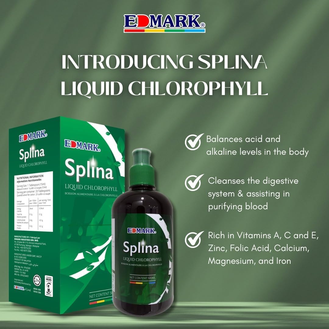 EDMARK Splina Chlorophylle liquide 500 ml – Équilibrant, nettoyant, nourrissant, rajeunissant – Vert
