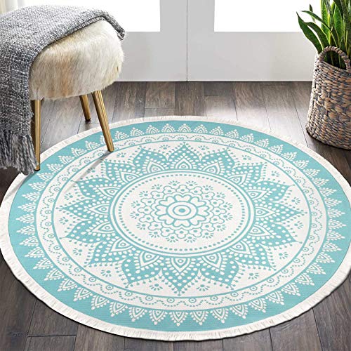 HEBE 4 Ft Round Area Rug Washable Hand Woven Cotton Rug with Tassels Fringe Chic Bohemian Mandala Indoor Throw Rugs Floor Carpet for Living Room Bedroom Kids Nursery Decor