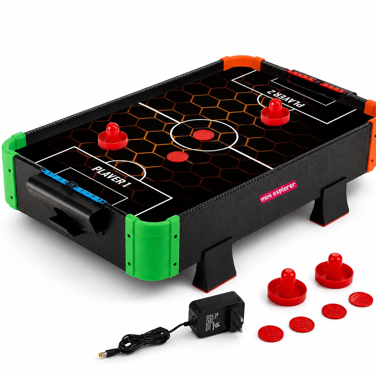 MiniExplorer Air Hockey Game for Kids, Tabletop Hockey Board with 2 Pushers & 4 Pucks, Plug & Play Indoor Arcade Game Set, Fast-Paced Air Hockey Toy, BIS Certified, Made in India