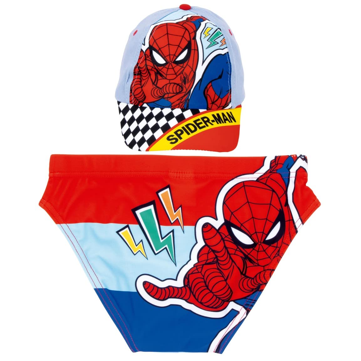 Requeteguay Urban RU Bañador Spiderman para Niños + Gorra Spiderman Marvel | Pack Bañador y Gorra Marvel | Bañador Spiderman Slip de Natación para Playa o Piscina + Gorra Ajustable Spiderman