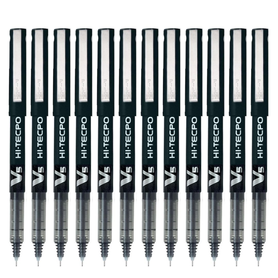 Hi-Tecpoint V5 0.5mm Extra Fine Point Pure Liquid Ink Roller Ball Pen | Black Ink, Pack Of 12