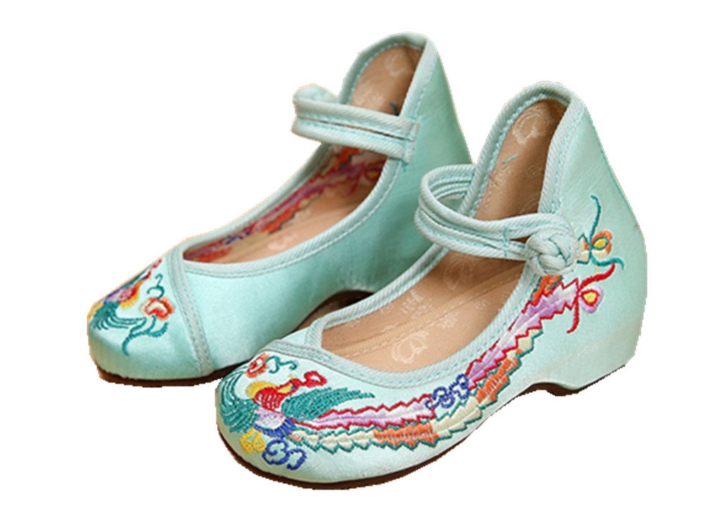 Tianrui Crown Girl's Phoenix Embroidery Ballet Shoes Kid's Cute Mary-Jane Dance Shoe Flat Sandal Shoe Green