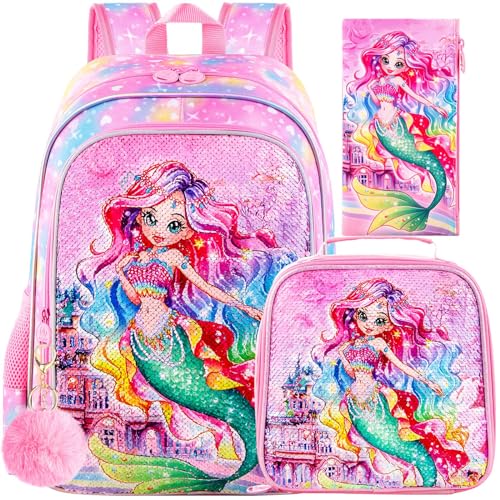 Image of HPJGD 3PCS Girls Mermaid Backpack, Water Resistant Kids Sequins Bookbag Set with Lunch Box,Cute Elementary School Bag for Preschool Toddler