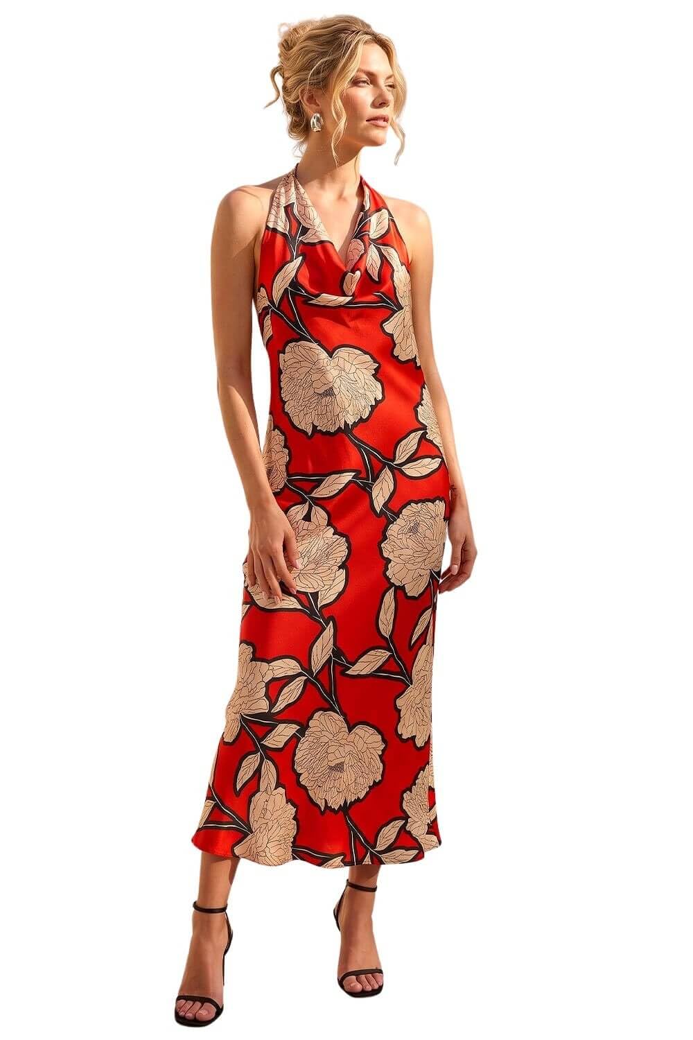 Roman Women's Orange Floral Print Satin Bias Cut Bodycon Dress In | : Size 14