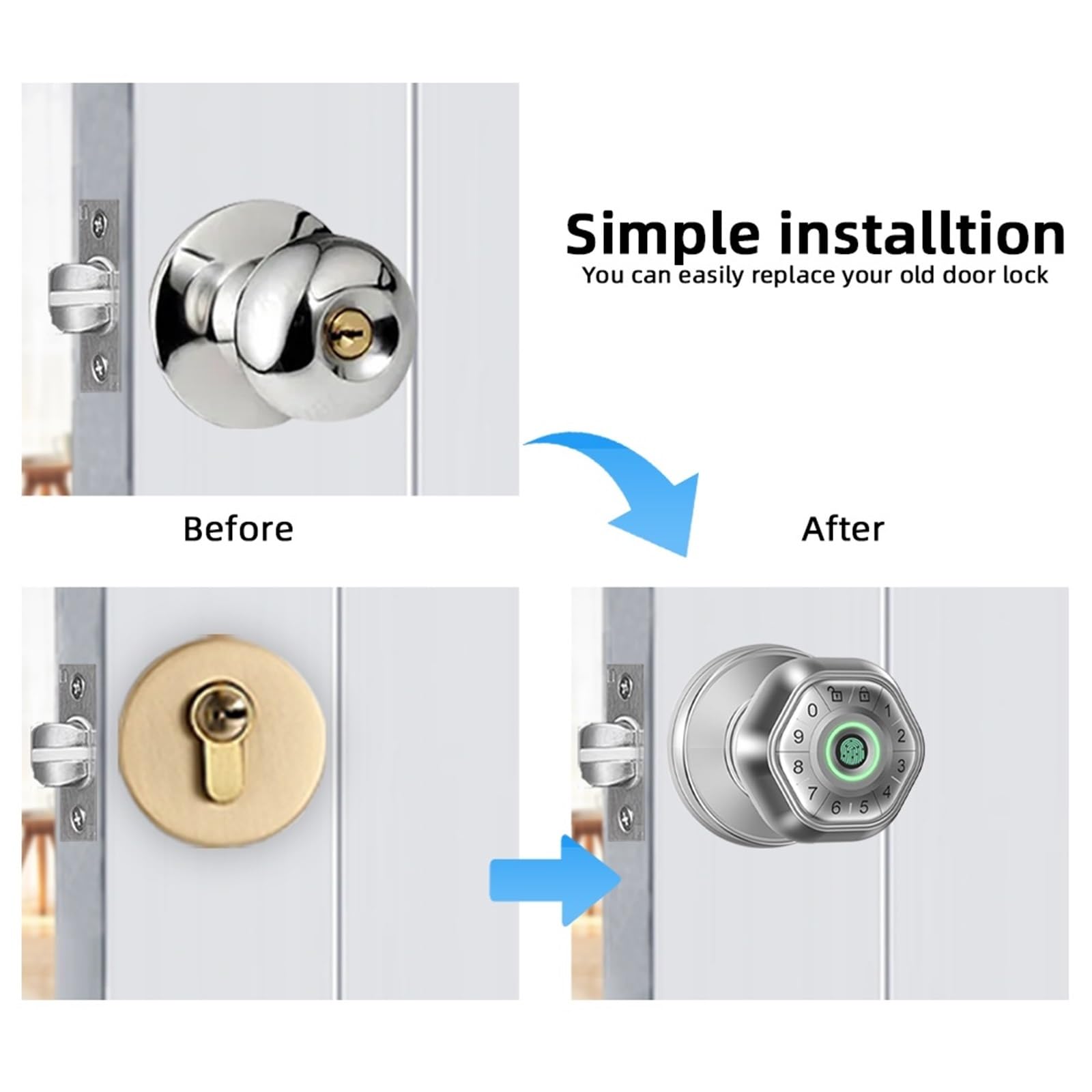 Serrure Connectée, Serrure de Porte Intelligente à Empreintes digitales, Bouton Rond avec Mot de Passe/clé/Application de déverrouillage,pour Chambres, Bureaux et hôtels(Zwart)