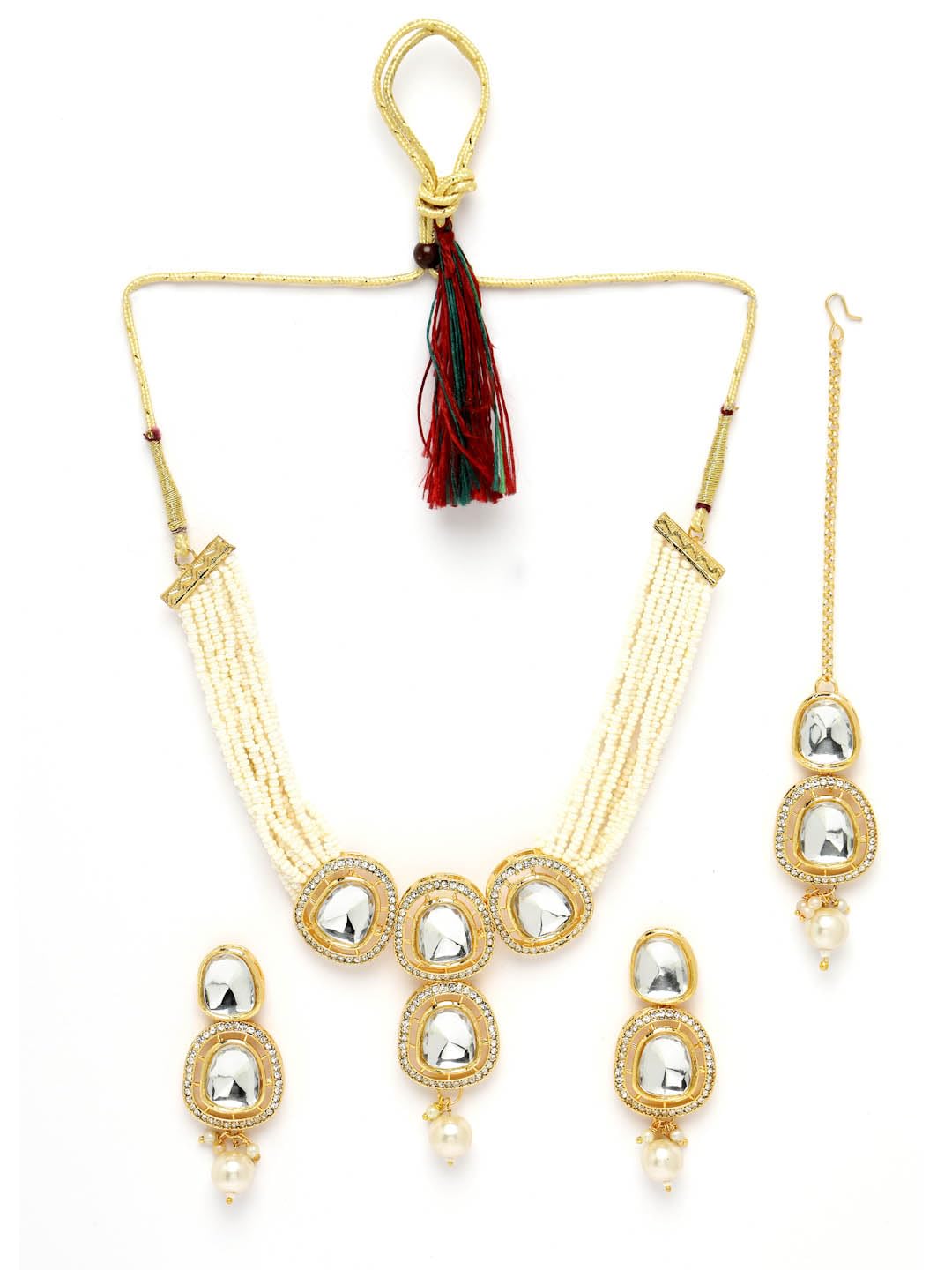 Adiva Latest Stylish Traditional Gold-Plated Kundan Studded Handcrafted Necklace Earrings with Maang Tikka Jewellery Set for Women & Girls
