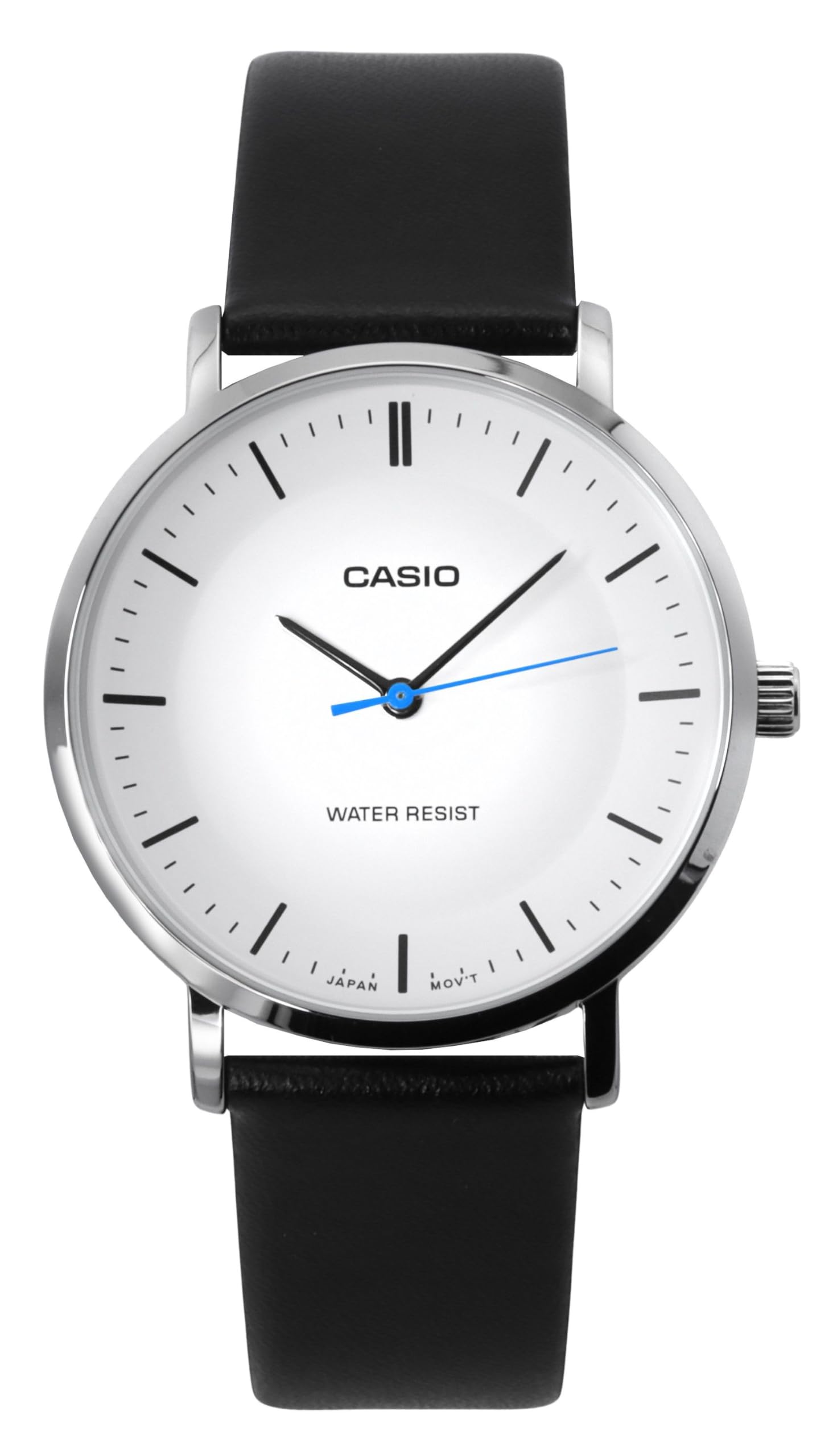 Casio MTP-VT04L-7E Orologio analogico da uomo minimalista con cinturino in pelle nera quadrante bianco a forma concava a 3 lancette, bianco