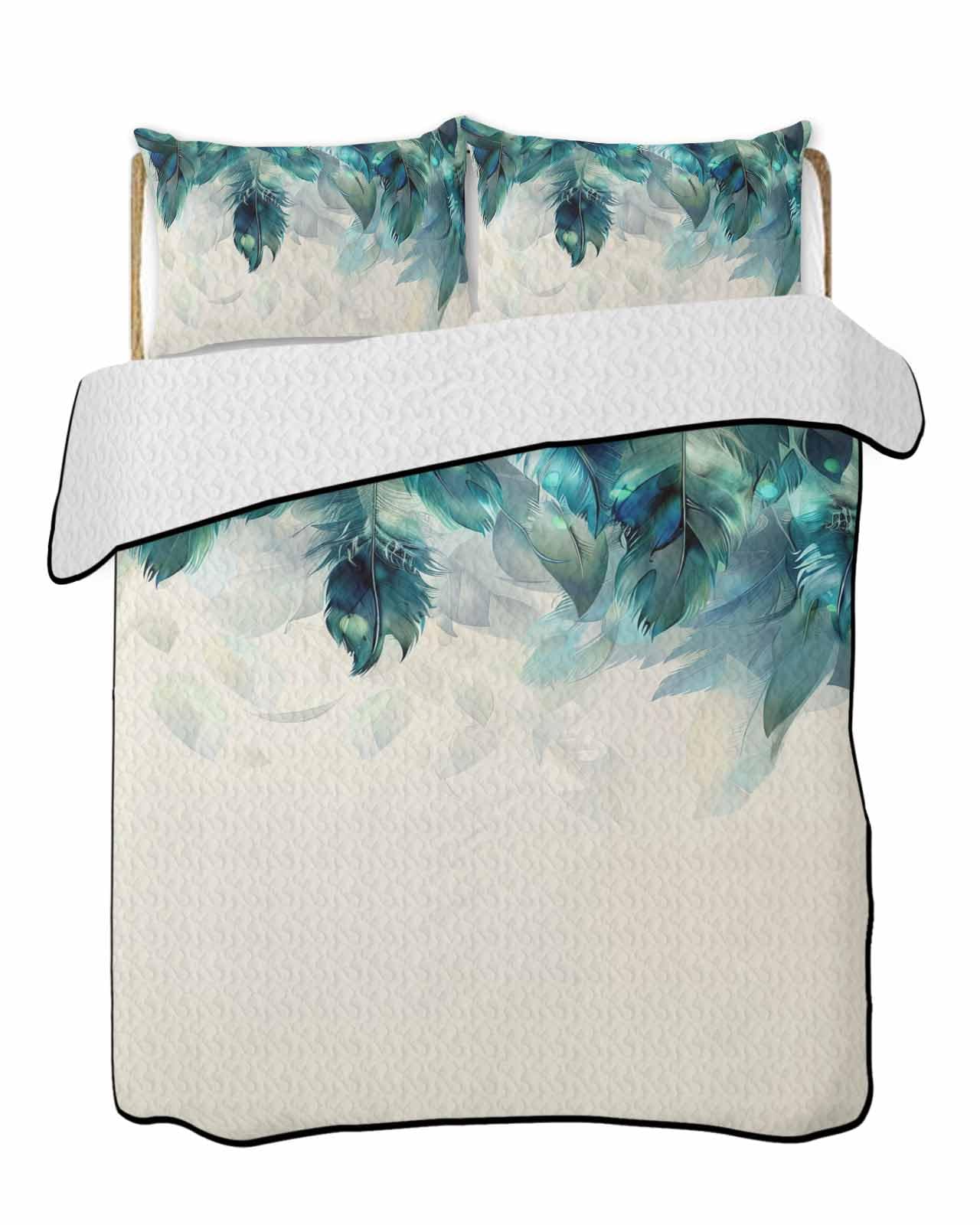 LOT BASIC 3-Piece Summer Quilt Full Size, Teal Feather Lightweight Cooling Bedding Comforter Blanket with 2 Pillow Shams, Farmhouse Feather Art Teal Ombre Bedspreads Quilted Coverlet Sets 78
