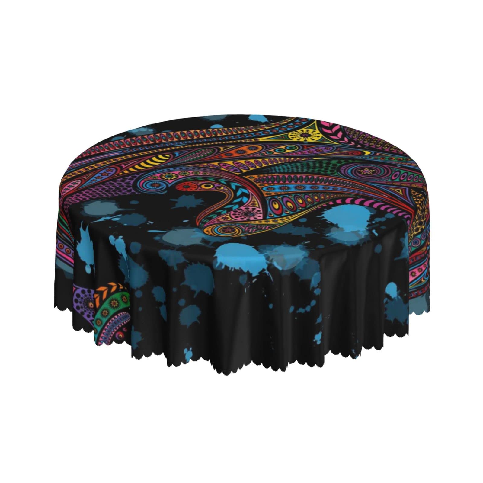 Lsjuee Colorful Whale Tribal Geometric Black Round Tablecloth 60 Inch Printed Washable Tablecloth for Dining Party Holiday Fall Home Decorative