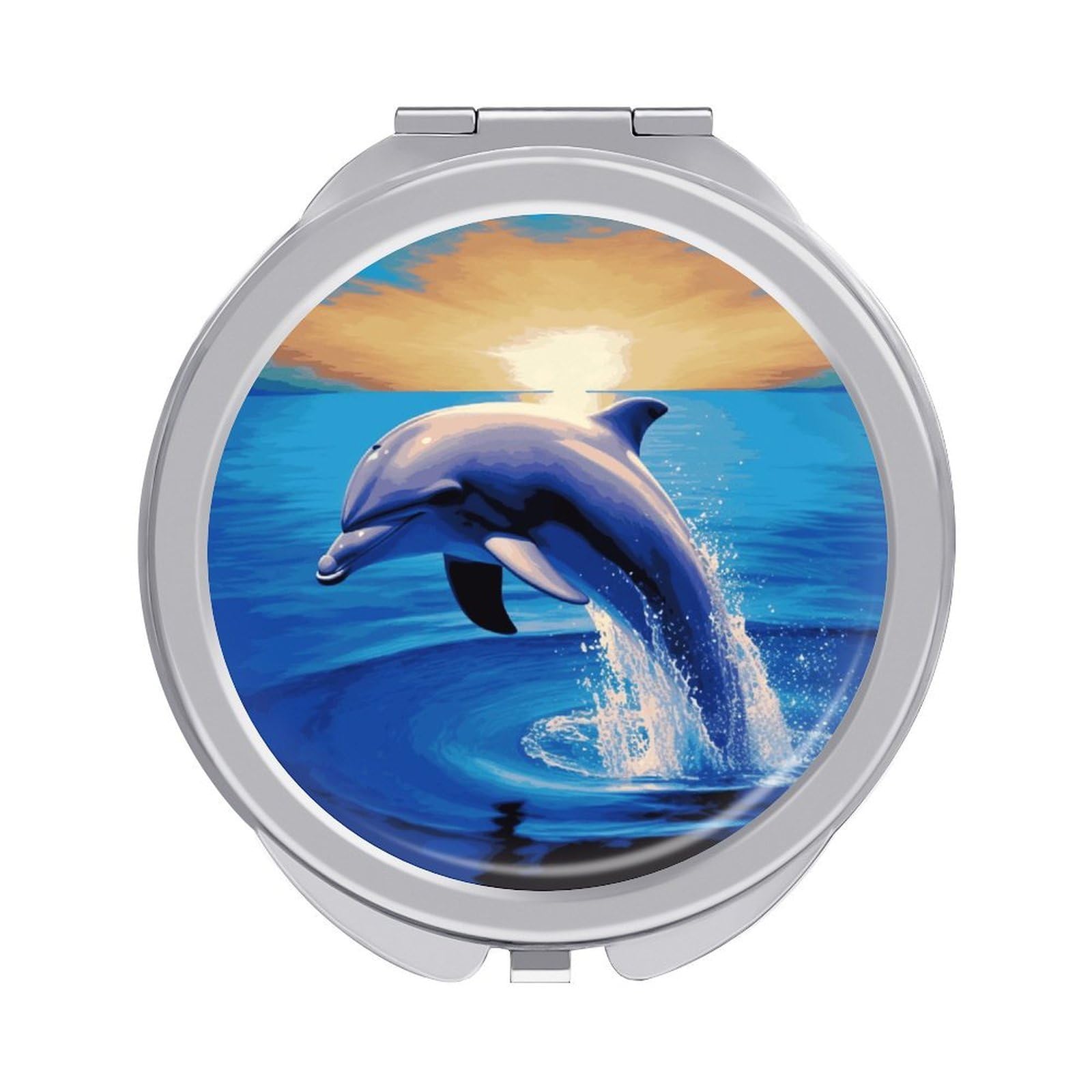VstaDank Elegant Dolphin Travel Makeup Mirrors Exquisite Double-Sided 2X/1X Magnifying Folding Pocket Mirror Portable Round Handheld Mirror Mini Compact Mirrors for Outdoor Home