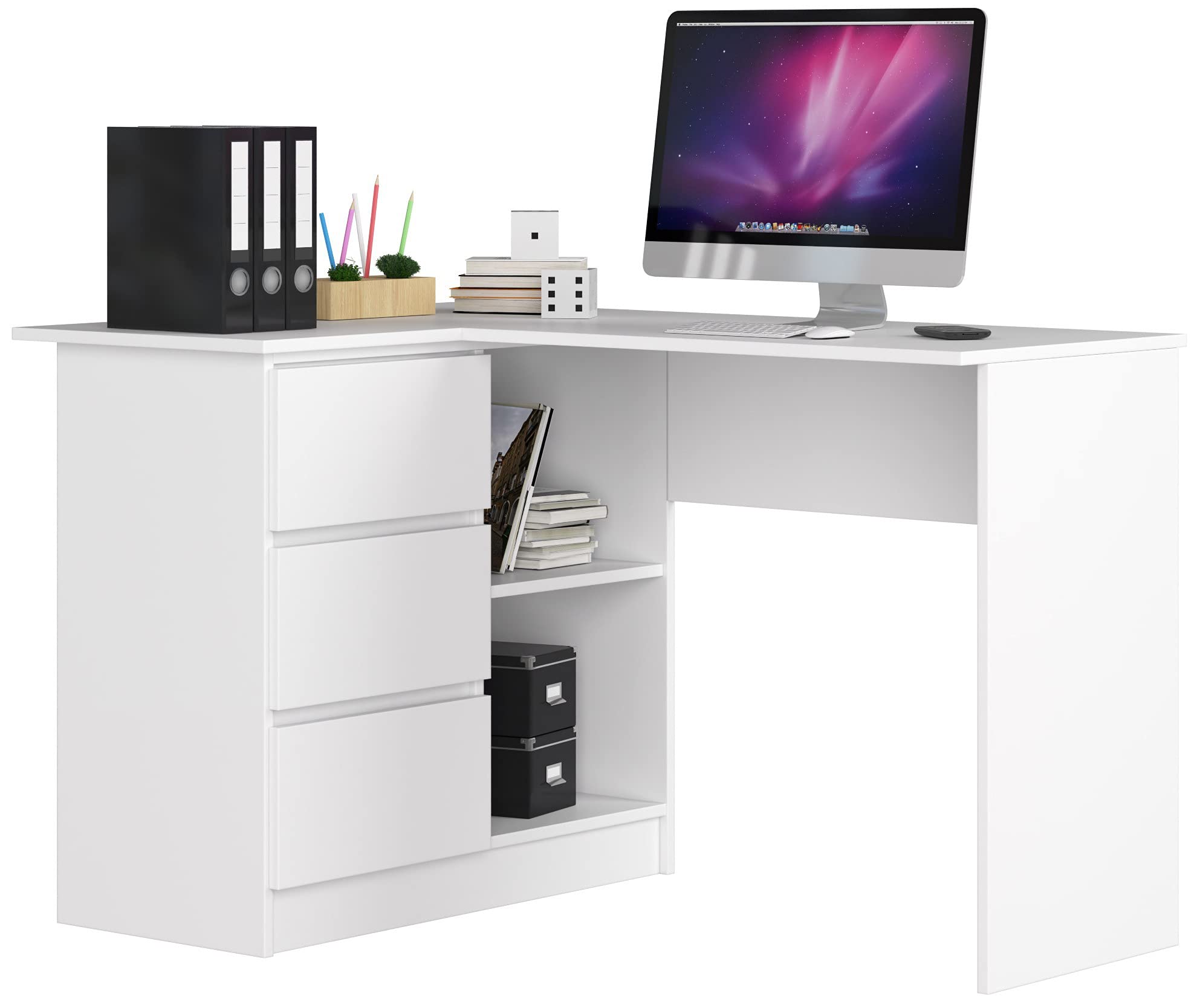 AKORD Escritorio esquinero B-16 con 3 cajones y 2 estantes | Escritorio | Escritorio esquinero | Escritorio esquinero para el hogar y la Oficina 124x77x85 CM | 48 kg Blanco