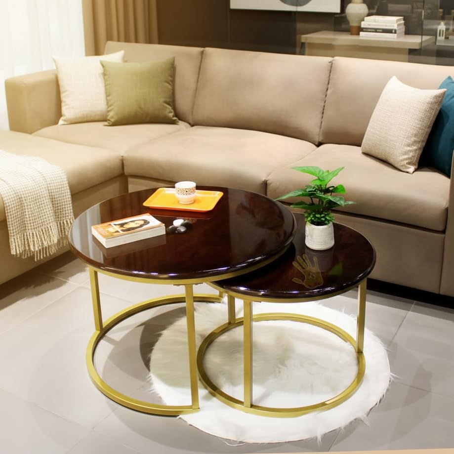 Image of Artlivo Sheesham Wood Nested Coffee Table - Set of 2 | Walnut Finish, Folding, Large Set (Dia 27 & 22 inches) | for Living, Bedroom, Balcony, Garden, Cafe, etc | Powder Coated MS Legs, Round, Glossy