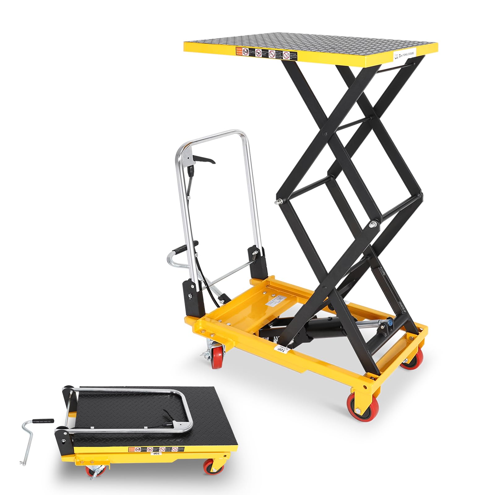 double scissor hydraulic lift table cart with foldable handle, 330 lbs capacity, 11"–50" lifting range manual hydraulic lift cart with anti-slip platform & 4 wheels for material handling