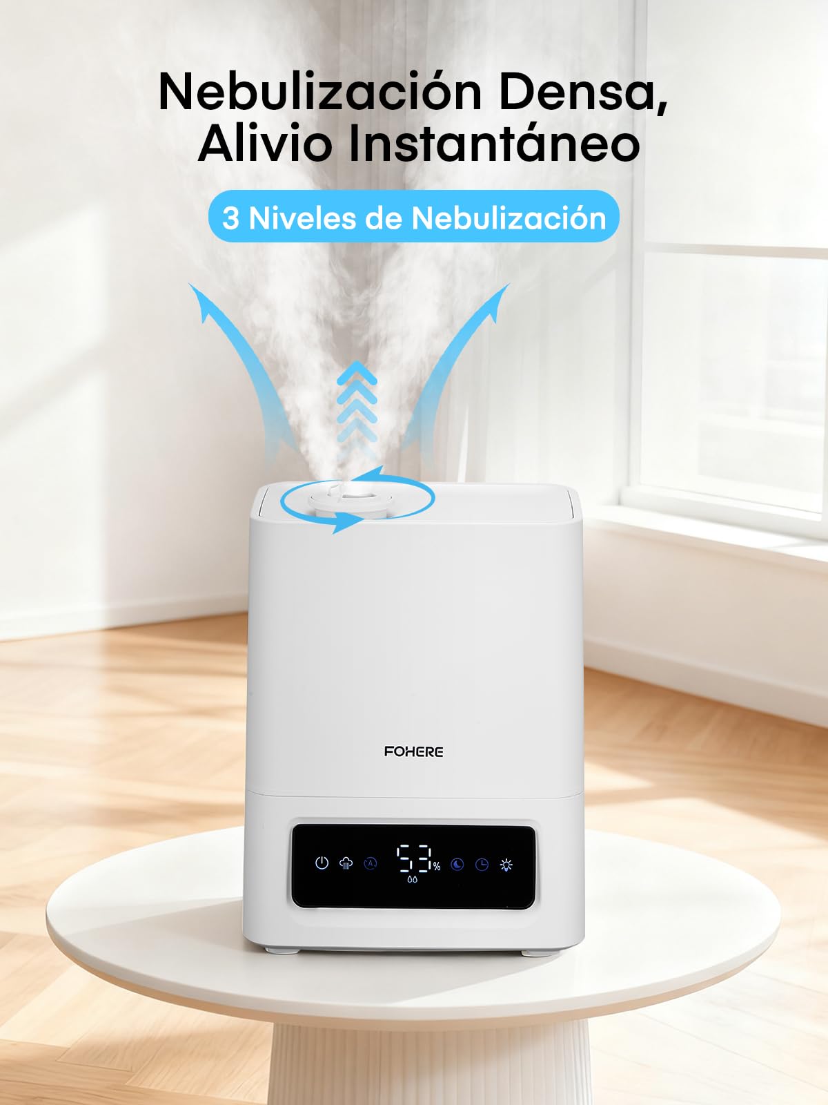 FOHERE Humidificador 6L, 60H Funcionamiento, 28dB Ultra Silencioso, para Habitaciones Grandes, Dormitorio, Bebé, Sensor Humedad, Temporizador 16H, Luz Nocturna, Difusor Aceites, Blanco