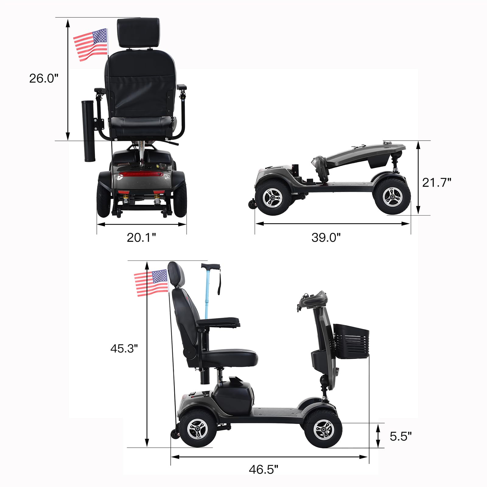Mobility Scooters for Adults & Seniors, 4 Wheel Outdoor Foldable Electric Mobility Scooter, Lightweight Powered Motorized Wheelchair Handicap Scooters, 300 lbs Capacity, 16 Miles Range (Gray)