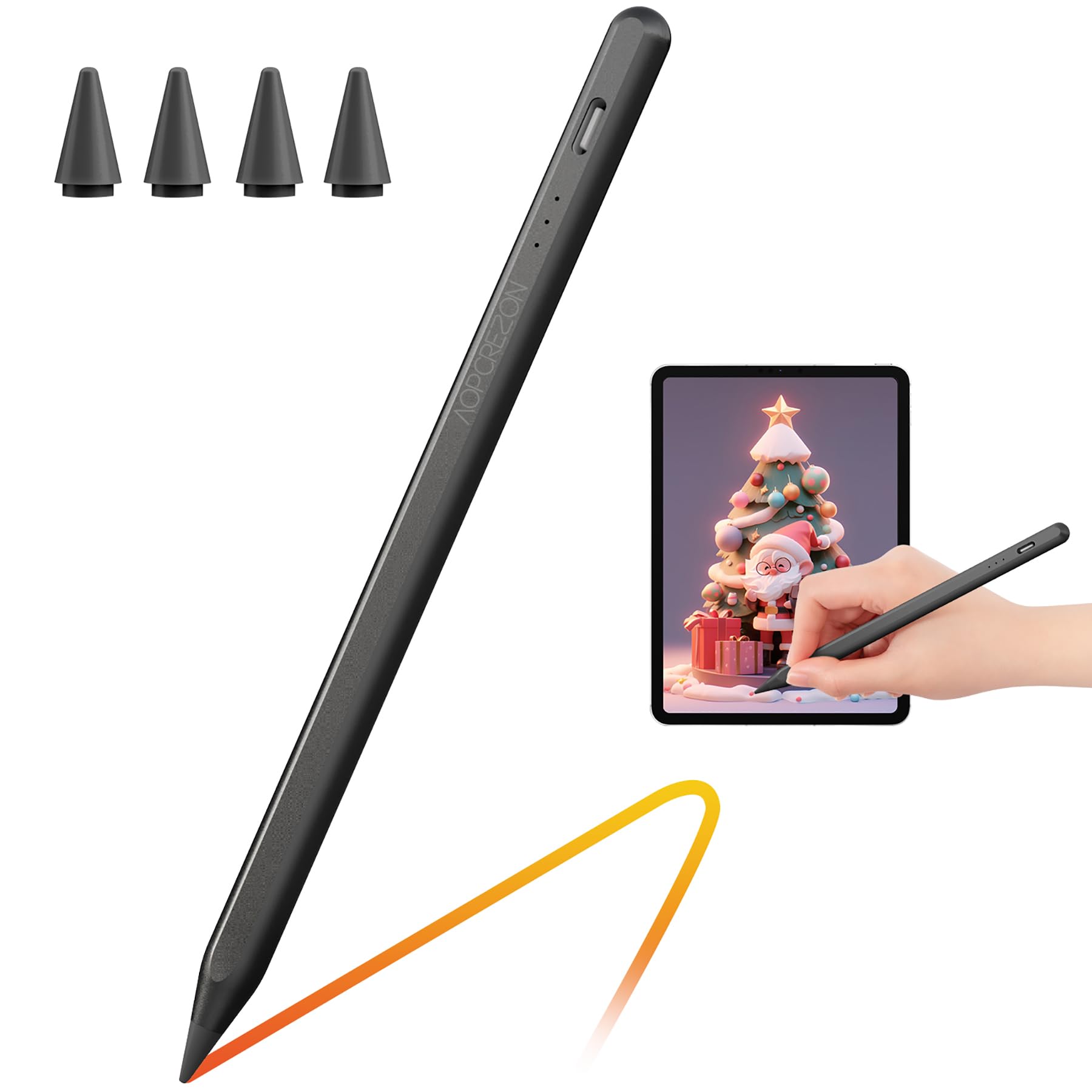 AOPCREZON Stylus Pen for iPad,Palm Rejection Tilt Sensitivity Fast Charging Pencil Work for 2018 Or Later iPad 10/9/8/7/6th Gen,Pro 12.9&11",Mini 6/5,Air 5th/4th/3rd Gen,4 Replacement Nibs (Black)