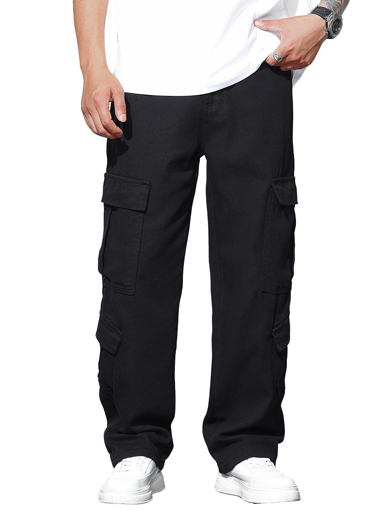 Uomo Casual Baggy Cargo Denim Pants con Tasche Gamba Larga Skater Jeans Y2k Hip Hop Streetwear