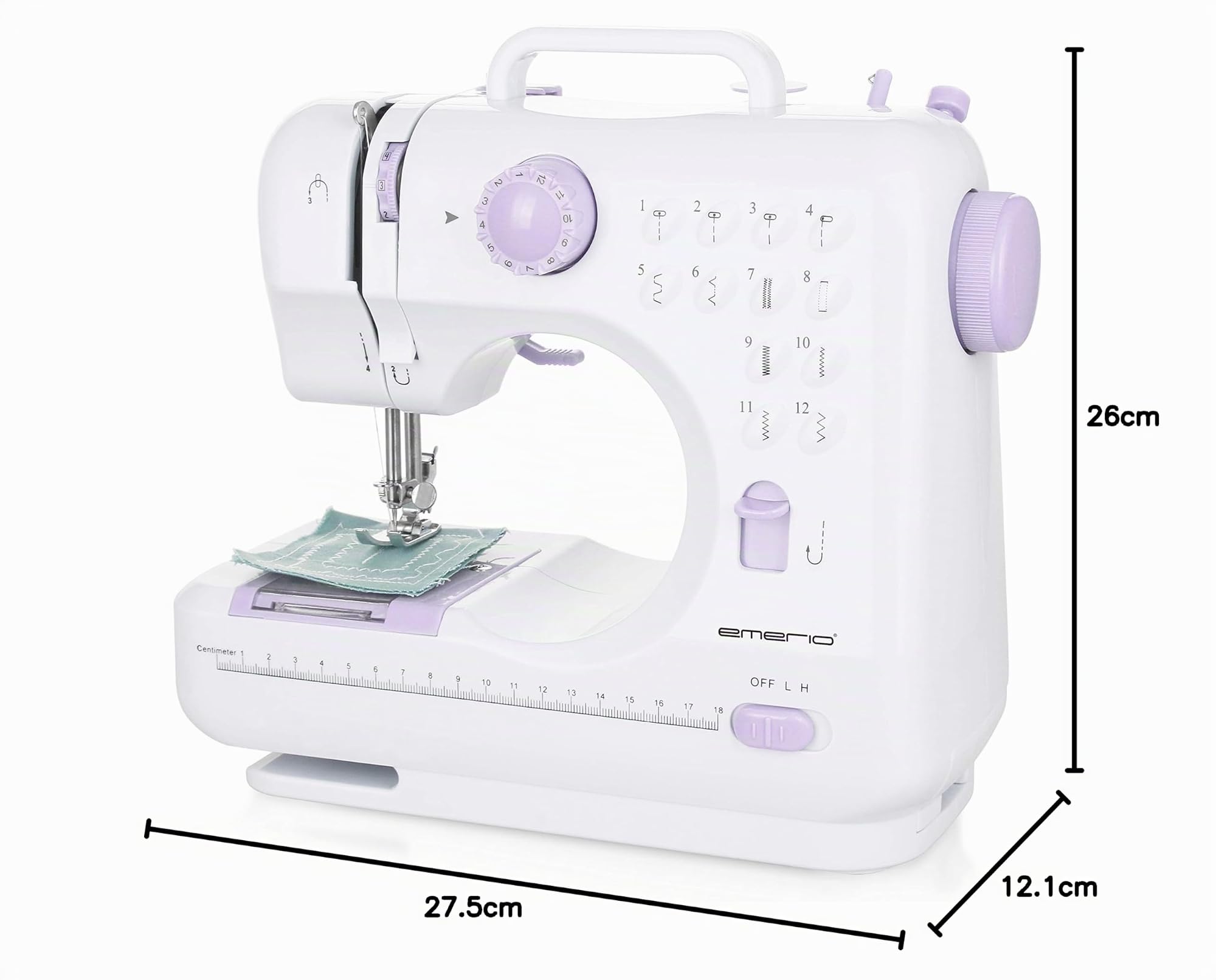 Emerio Máquina de coser para niños y principiantes, SEW-121820, 12 patrones de puntadas, mini con pedal, alimentación y batería, hogar, luz LED, automático hacia delante y hacia atrás, blanco/rosa