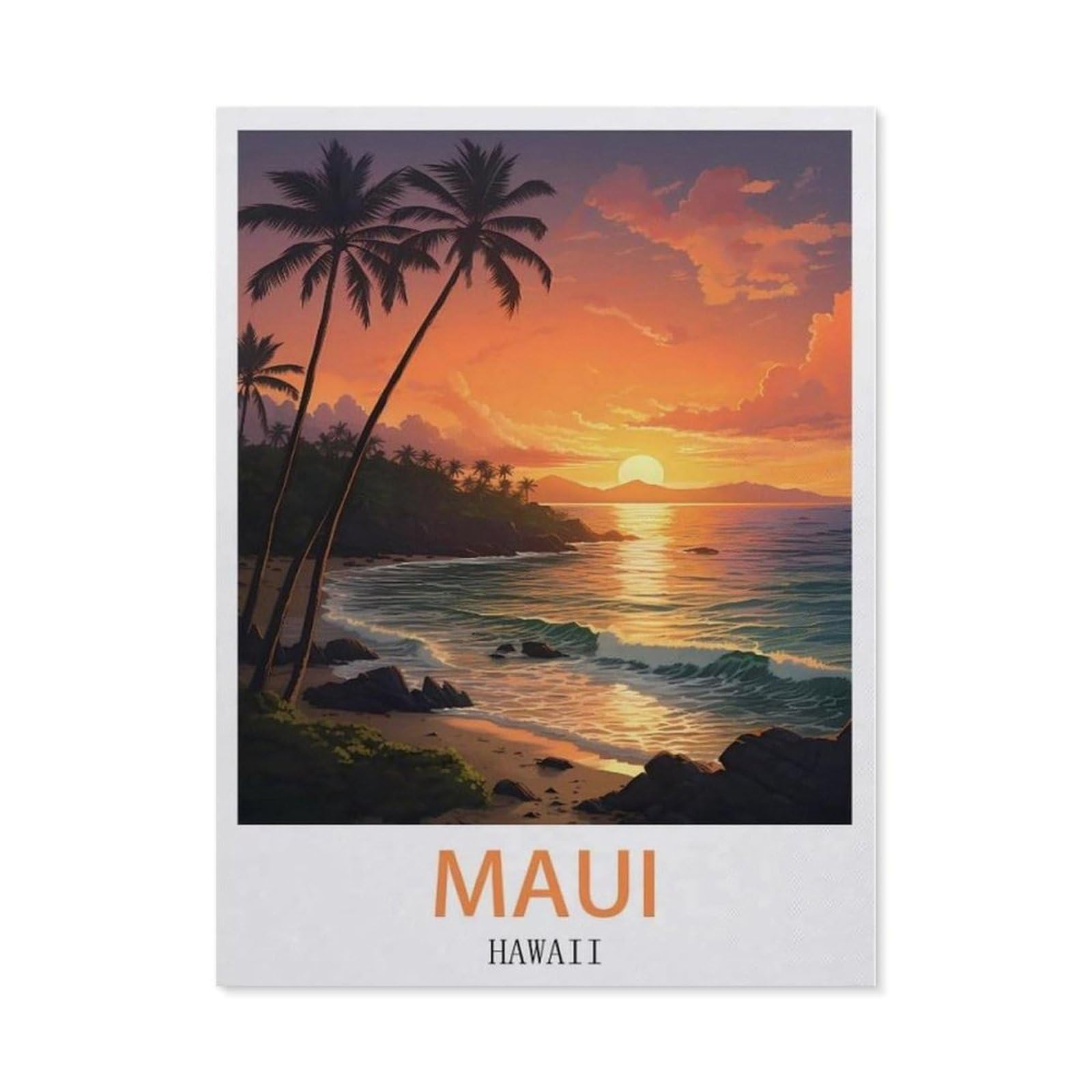 Beayodkp （30 X 40 Cm/11.81 X 15.74 Inches） 5D Diy Diamond Painting，Maui Hawaii Vintage Travel Poster，Round Full Drill Crystal Rhinestone Embroidery Cross Stitch Arts Craft Canvas For Home Wall Decor-Cg76