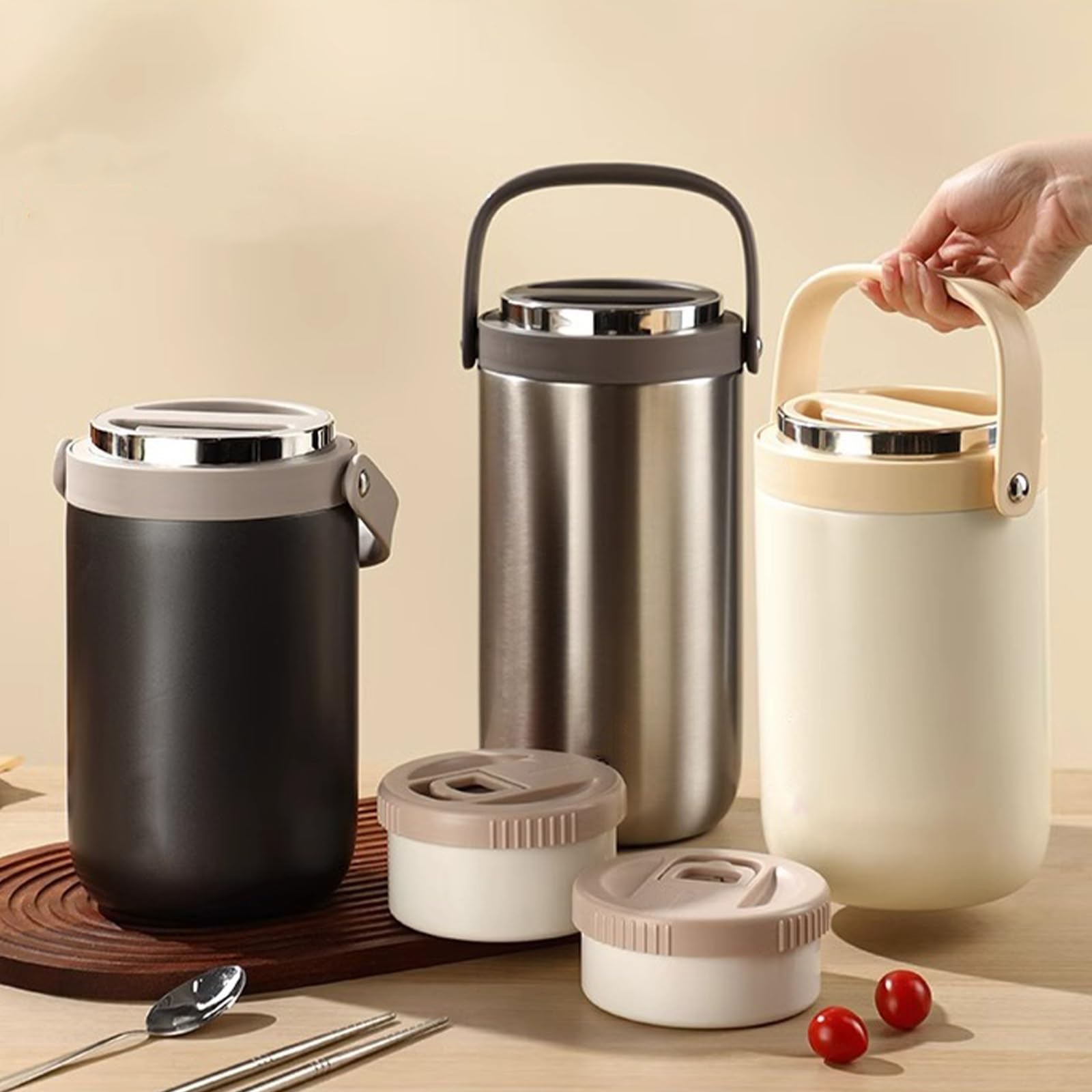 Contenedores térmicos almuerzo acero inoxidable, caja bento, recipiente calentar alimentos, con tapa asa transporte, aislamiento doble capa, for almuerzos escolares, oficina, sopas, gachas(Gray,2.7L)
