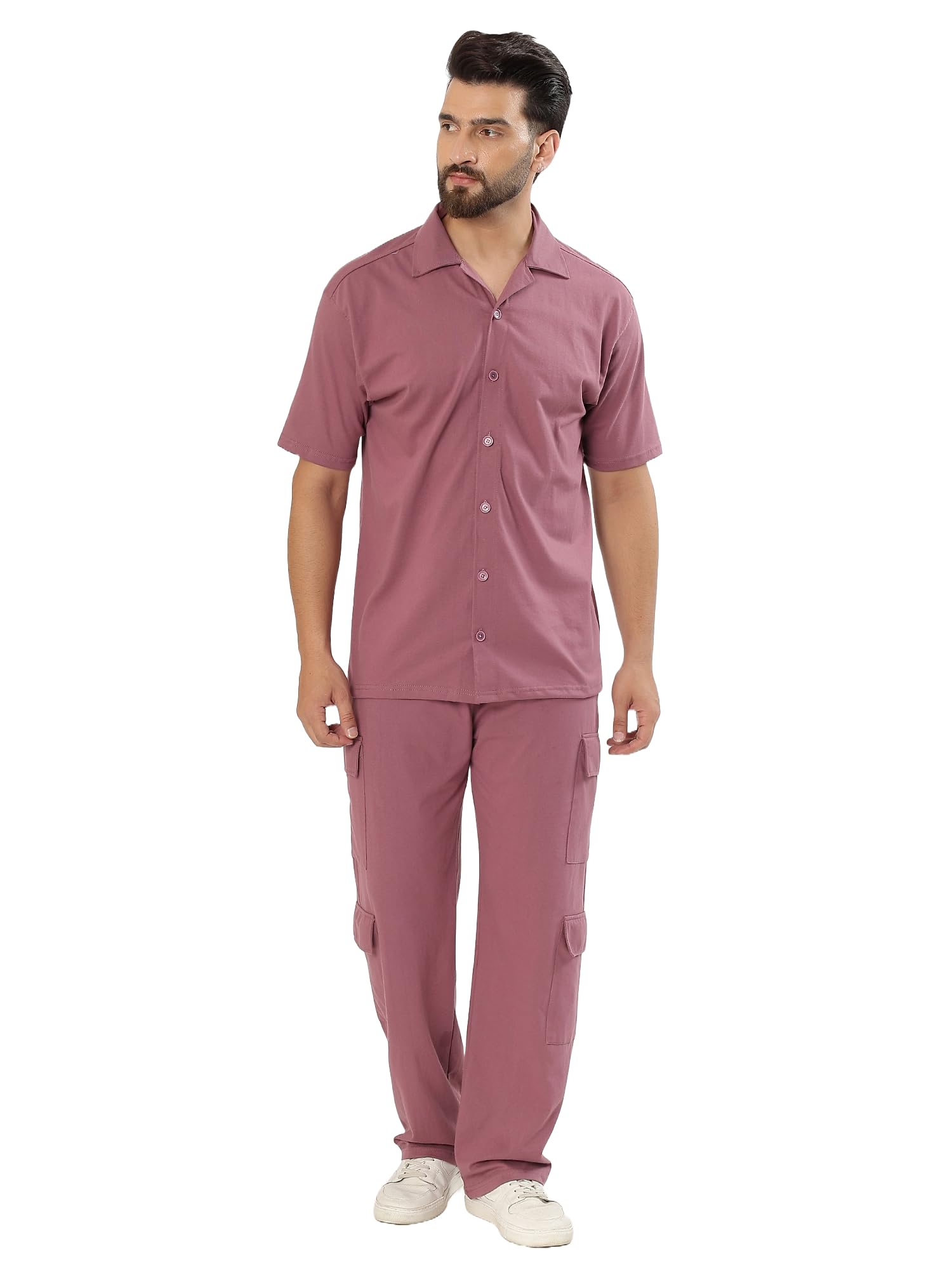 Cotton Coord Set For Men,Button Down Shirt and Cargo Pants Set,Clothing Set For Men-image-16