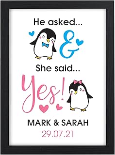 PERSONALISED Penguin Couples Engagement Gifts - He Asked She Said Yes Wall Art Print Keepsake for Newly Engaged Couple Fiance Fiancee Him Her - Engagement Congratulations Presents for Couples