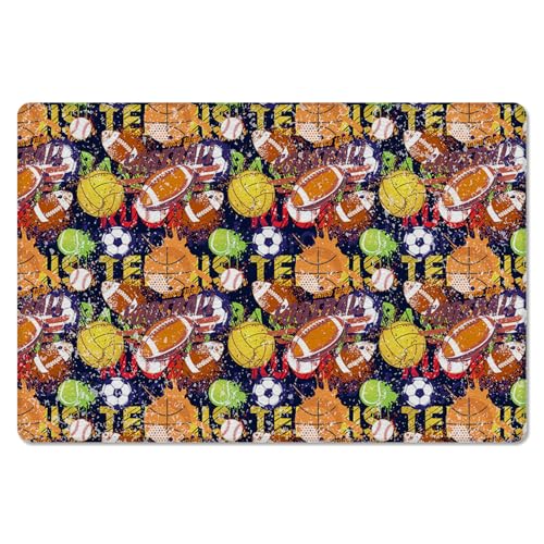 Shabby Chic Balls Kitchen Bath Door Mat Cushioned Runner Rug,Washable Welcome Floor Sink Antifatigue Mat,Waterproof & Non-Slip Comfort Standing Doormat,Football Baseball Rugby Sports 18