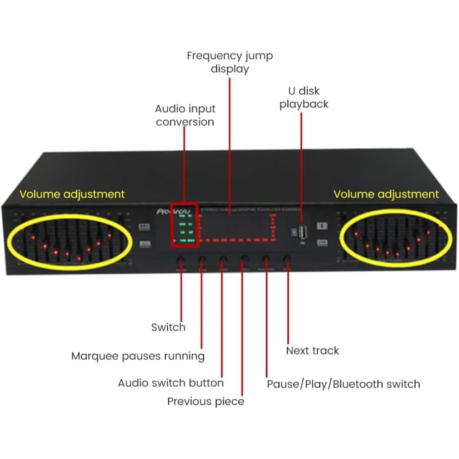 EQ898 stereofoniczny korektor Bluetooth, przedwzmacniacz, korektor, tony, średni zakres, regulacja basów, podwójny 20-segmentowy korektor korektora (złoty)