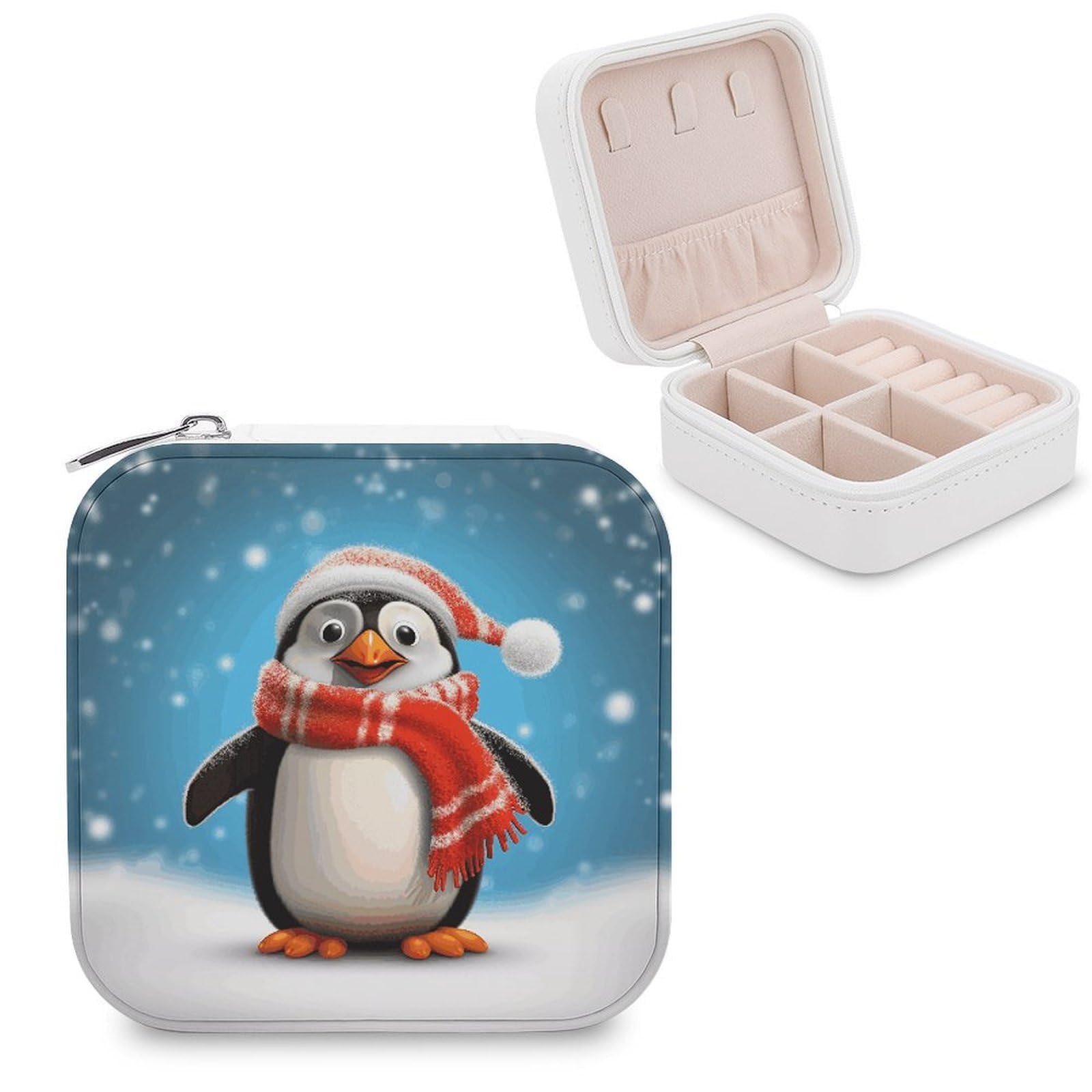 JTREHY Christmas Funny Penguin Jewelry Box Personalized PU Jewelry Box Exquisite Jewelrys Organizer Case Small Portable Jewellery Storage Holder for Rings Earrings Necklaces Gifts