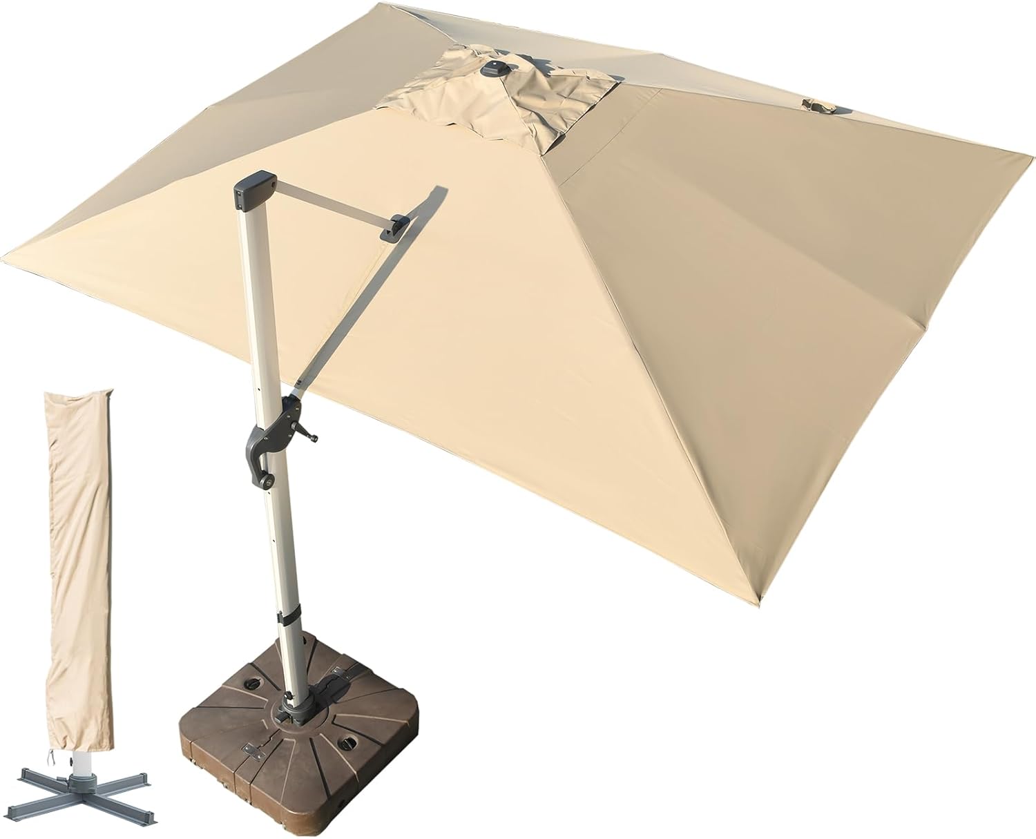 LKINBO 10x13 FT Rectangle Cantilever Umbrella with Cross Base, Heavy Duty Large Patio Umbrella 360 Degree Rotation Outdoor Offset Umbrella with Easy Tilt & Crank for Pool Deck Backyard, Khaki