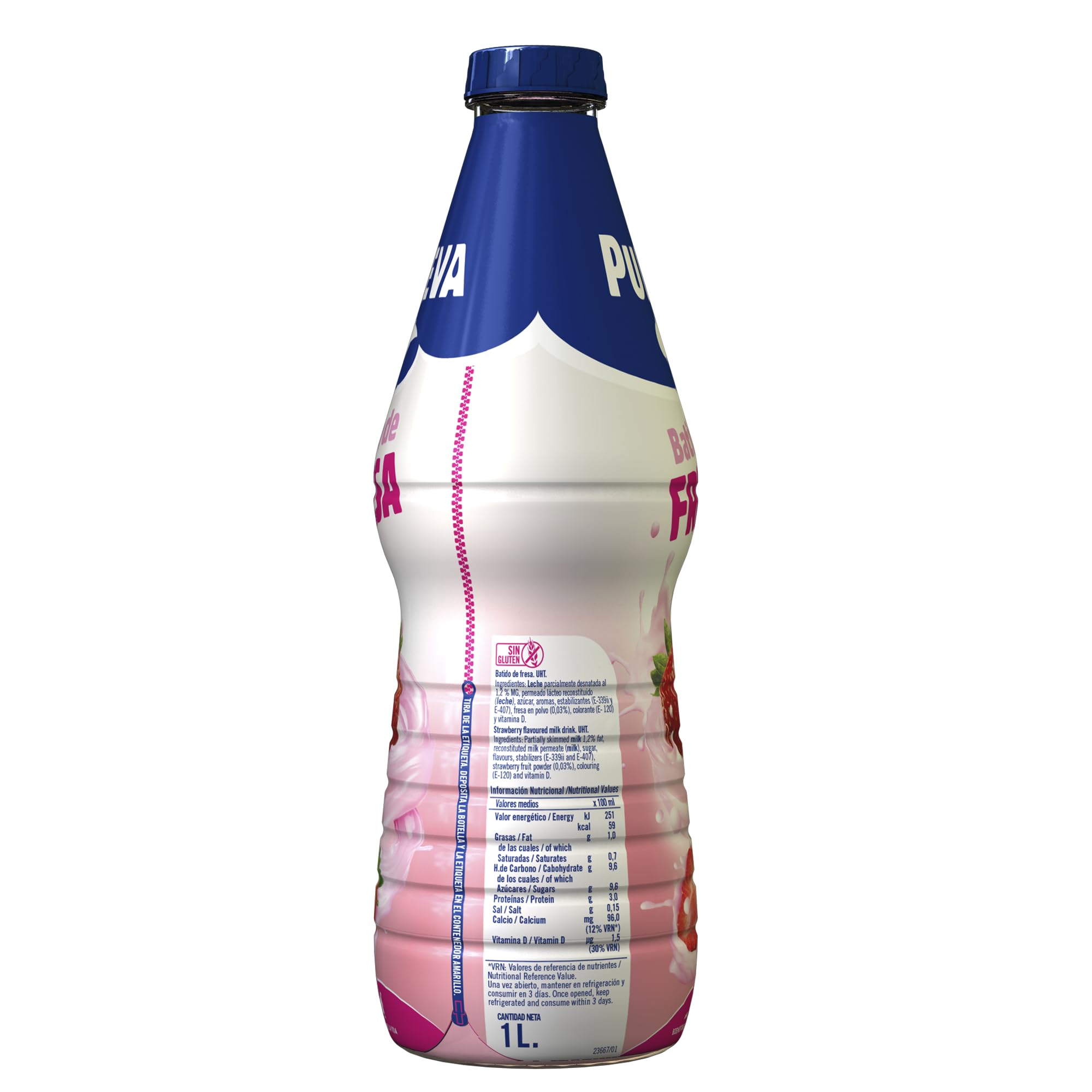 Puleva Batido de Fresa, Rico en Calcio, Proteínas y Vitamina D, Sin Gluten, Bebida Láctea 1 L