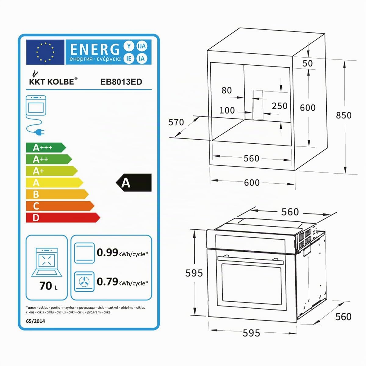 Four encastrable 60 cm | 70L | 3kW | Rôtisserie | Capteur de température du cœur | Gril | Air chaud | Tiroirs télescopiques | EB8013ED