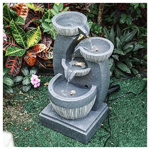 BTGGG Garden Water Feature Cascading 4 Tier Bowls Outdoor Garden Water Fountain with LED Lights Polyresin Water Feature Waterfall for Garden Home Decor, Height 47CM