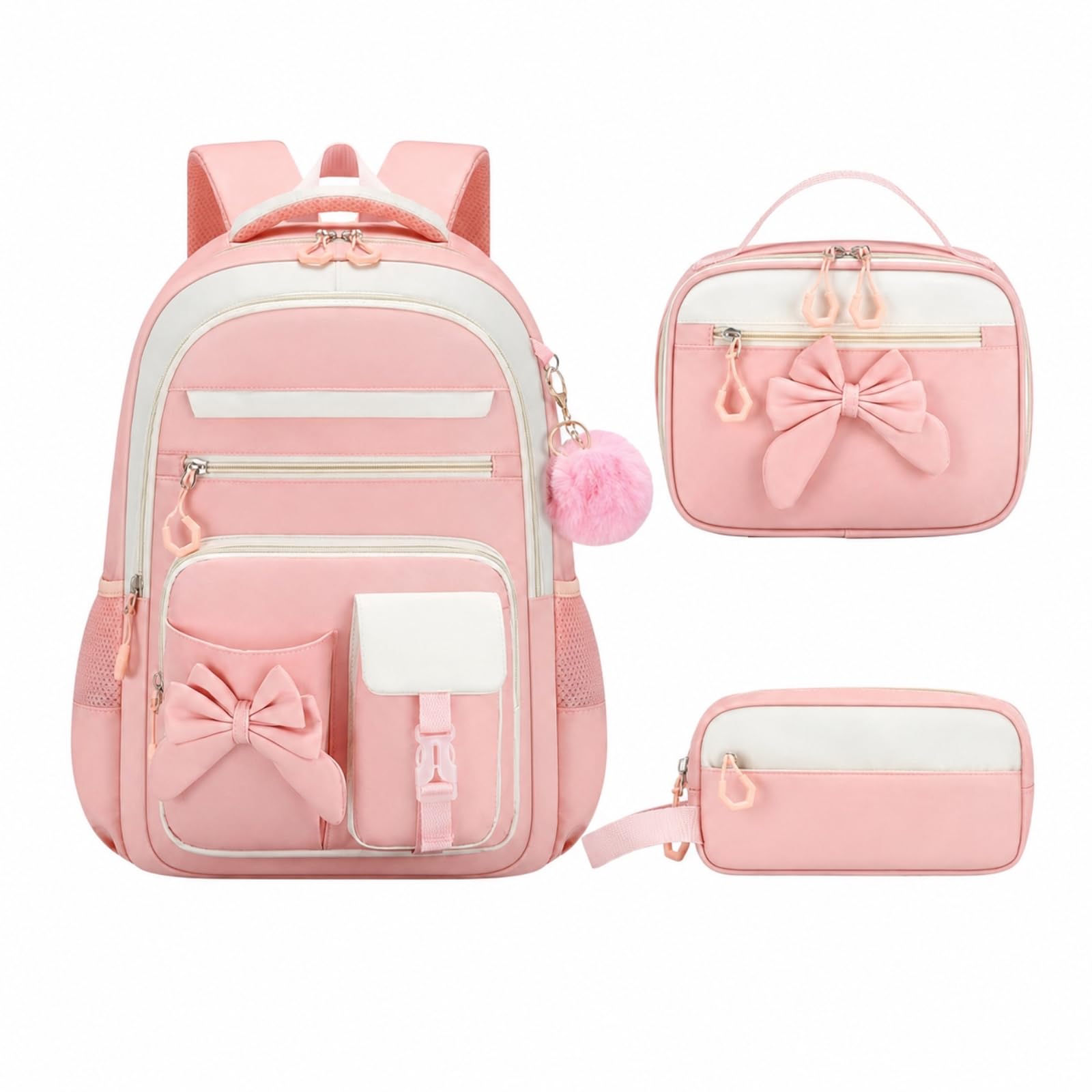 Zaino da Viaggio Crema Rosa Arco 3-in-1 Set per Ragazze Resistente all'Acqua Scuola con Borsa Pranzo E Custodia A Matita