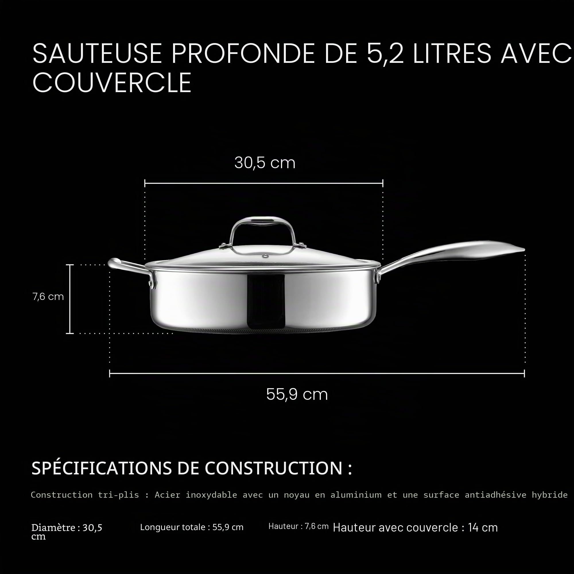 HexClad Sauteuse hybride antiadhésive de 5,5 litres avec couvercle, passe au lave-vaisselle et au four, prête à induction, compatible avec toutes les tables de cuisson