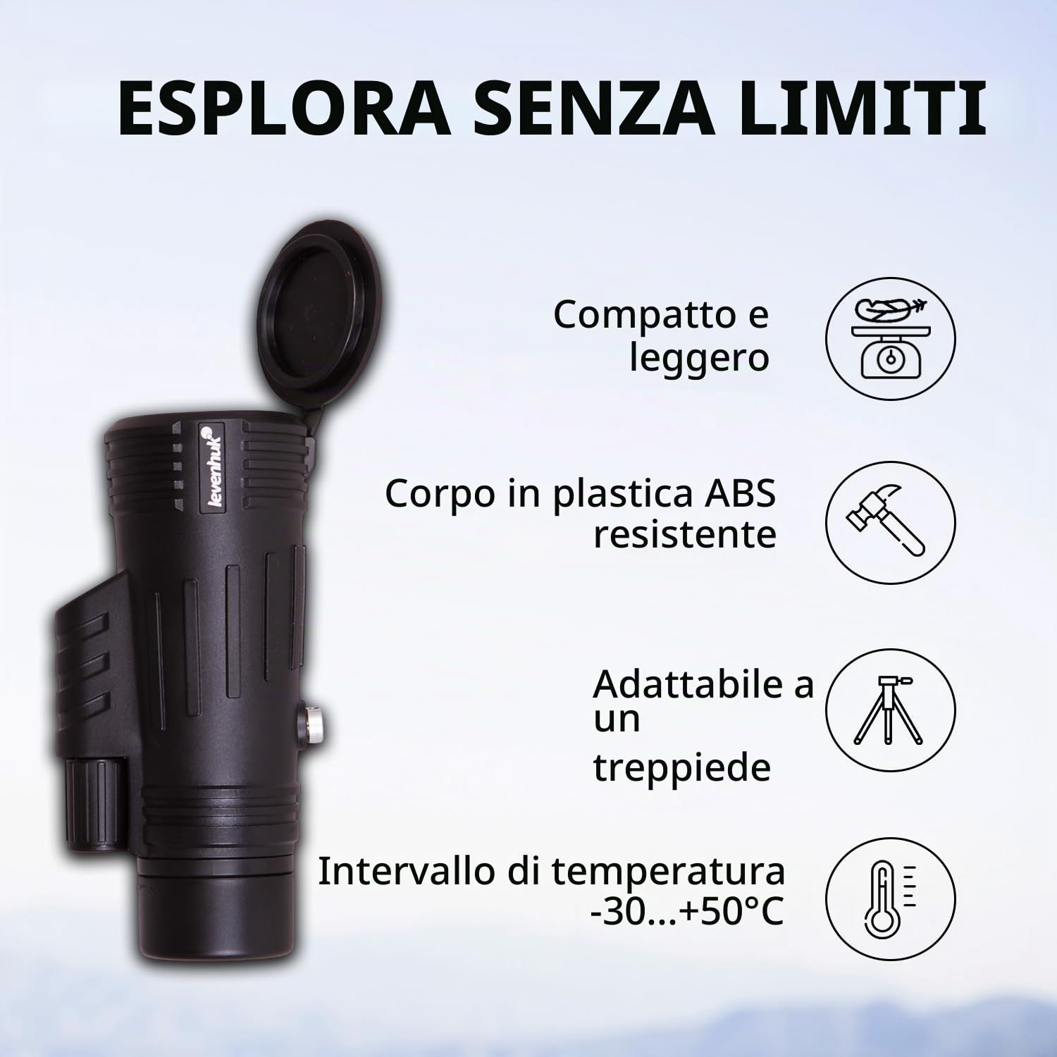 Levenhuk Atom 8x42 Monocolo Portatile, Compatibile con Treppiede | Cannocchiale Compatto e Leggero con Ottiche BK-7, Ideale per Escursionismo, Birdwatching, Campeggio, Caccia e Viaggi