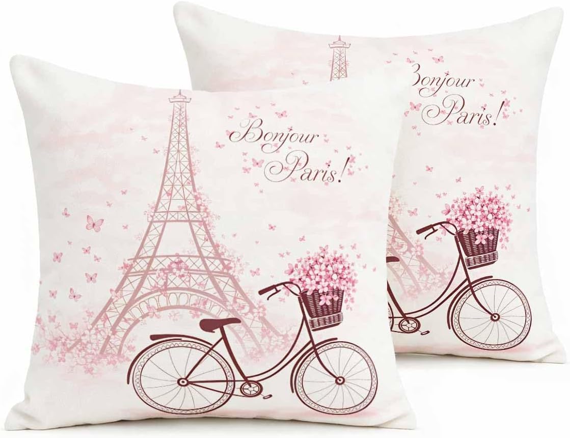 Boho Farmhouse Pillow Covers 18x18 Inch,Pink Romantic Paris,2 Pack Polyester Throw Pillow Covers，Soft Cushion Cover，Indoor Outdoor Decor for Couch，Chair，Bedroom，Living Room