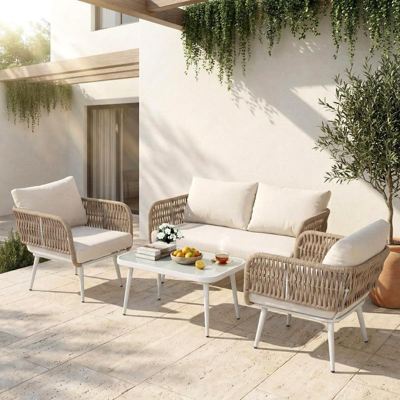 Image of BRISHI Outdoor Sofa Set || Balcony Sofa || Patio Furniture Sets | Conversation Sets | Braid & Rope Garden Seater Sofa Set and Center Table (4 Seater Beige-White)