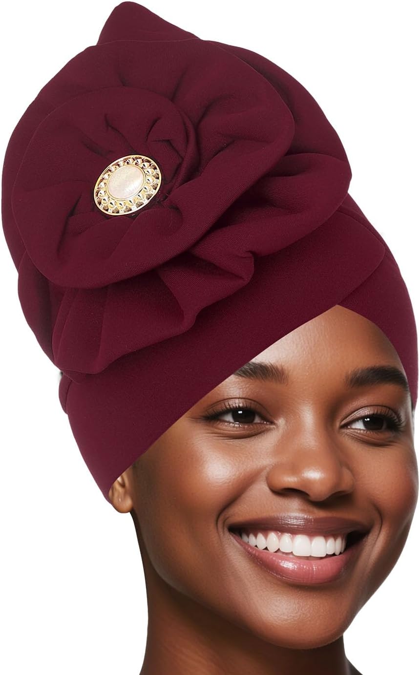 Bohend African Big Flower Rhinestone Turban Cap Muslim Pre Tied Beanie Headwrap Bonnet Stretch Pleated Women Headscarf Hat