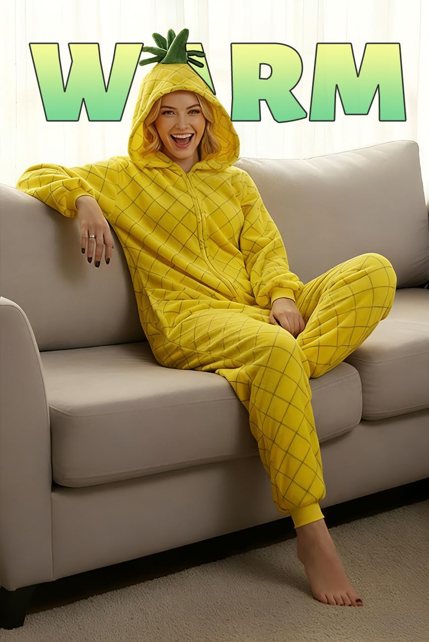 VZQI Pineapple Costume Adult Onesie 3D Hooded Pajamas for Women & Men Pineapple Jumpsuit with Back Big Pockets
