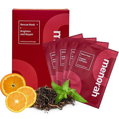 menorah Brighten and Repair Rescue Sheet Masks (4 hojas) - Máscara facial con kombucha y extracto de naranja, hidratante y refuerzo de elasticidad,