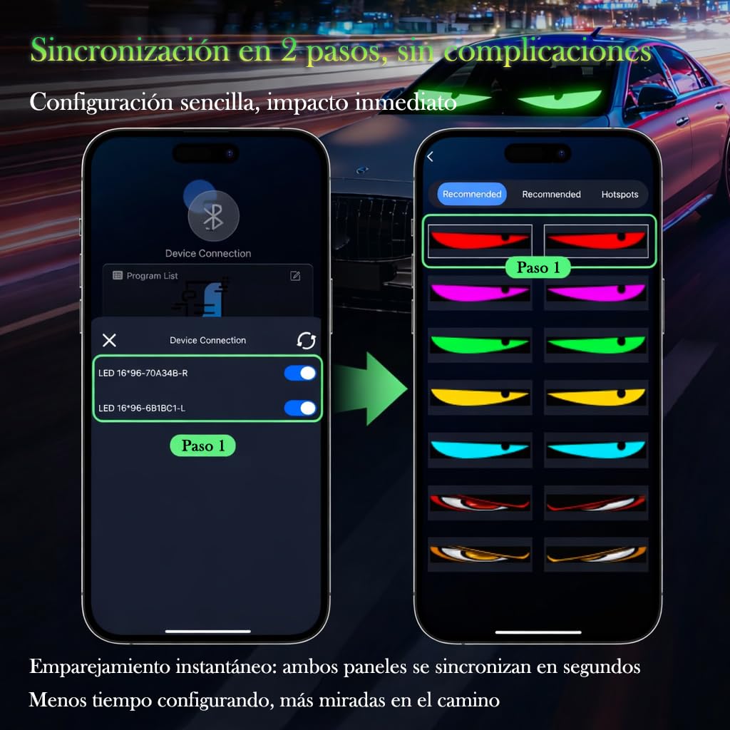LED Ojos “Devil Eyes” para Coche – Pantalla LED USB Programable para Parabrisas/Ventana Trasera, Impermeable, Ultrafina y Flexible, Panel Matrix Dinámico Softscreen DIY, 2 Piezas, 9,2 × 37,4 cm