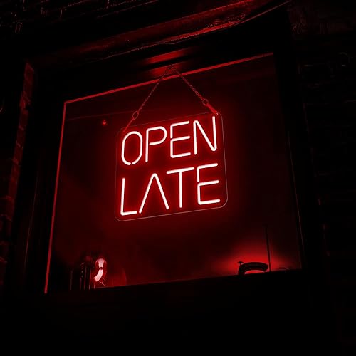 NEONGRAND Letrero abierto de neón tardío (25.7 x 20 pulgadas), letrero de apertura LED para negocios, restaurante, oficina, cafetería, bar, rojo